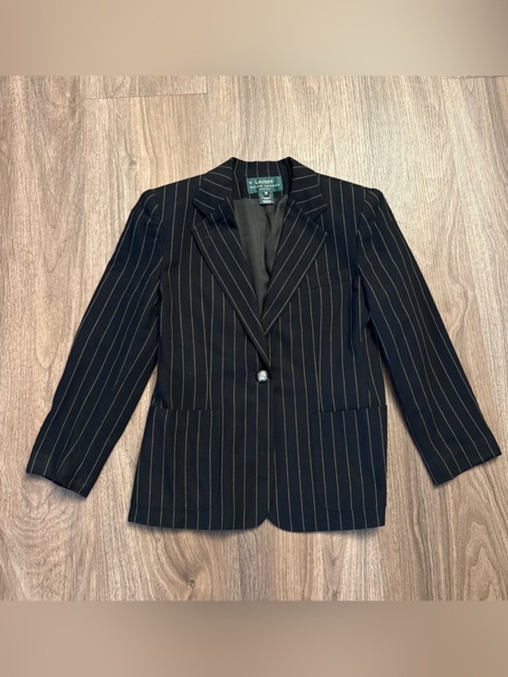 Lauren Ralph Lauren Black Pinstripe Single-Button Blazer with horse buttons